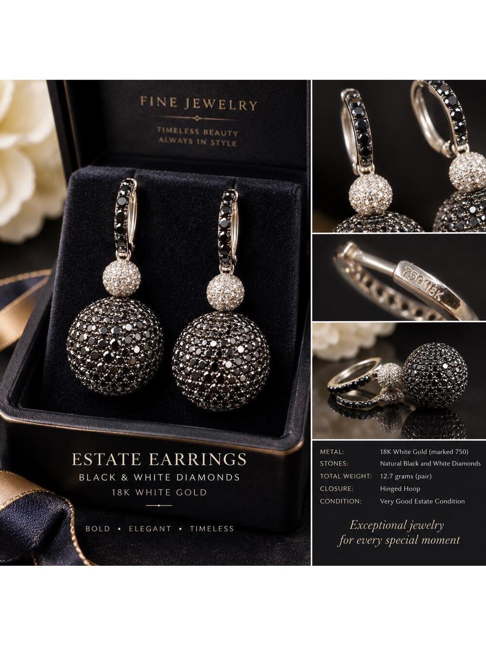 Estate 18K White Gold Natural Black & White Diamond Drop Earrings